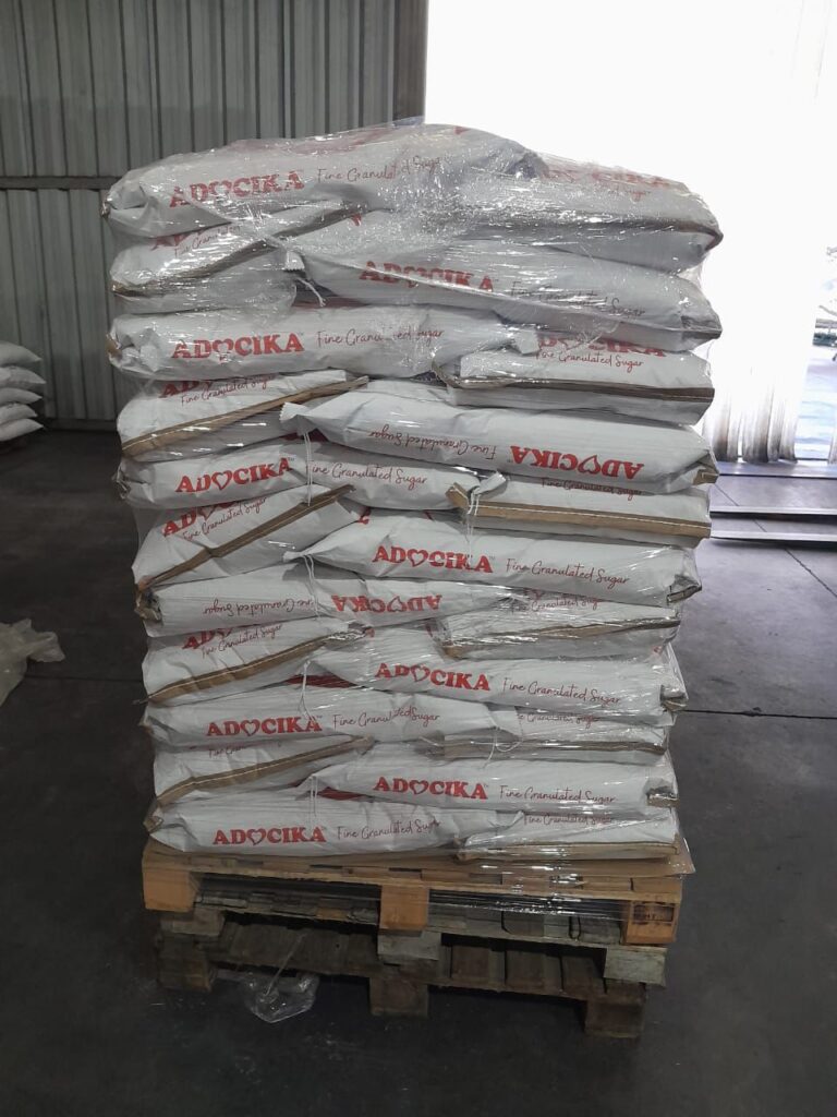 Palletized Adocika sugar bags